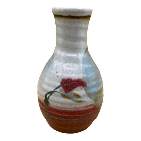 Delong Art Pottery Vase 6 3/4” Muted Colors Floral - Picture 1 of 10